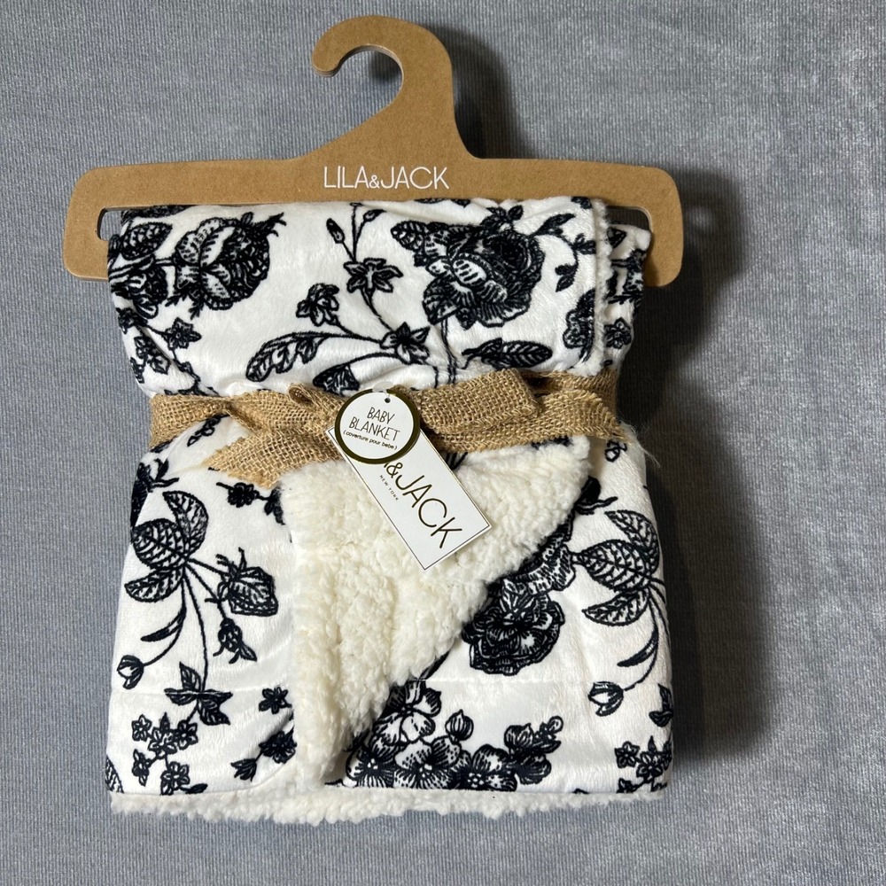 Lila & Jack Baby Blanket Black White Floral Toile Plush Faux Fur Sherpa New